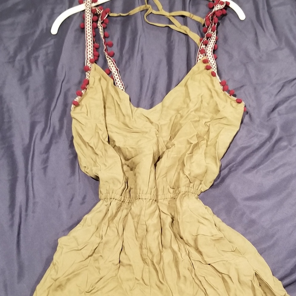 Embroidered Taped PomPom Trim Open Back Romper